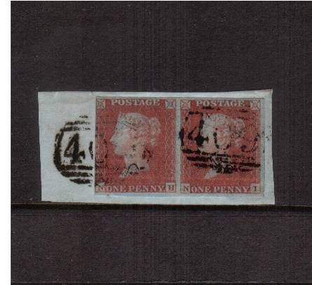 view larger image for SG 8 (1841) - 1d Red-Brown pair lettered ''N-H'' and ''N-I'' tied to small piece with two light strikes of a JERSEY ''409''. 

<br/><b>QBQ</b>