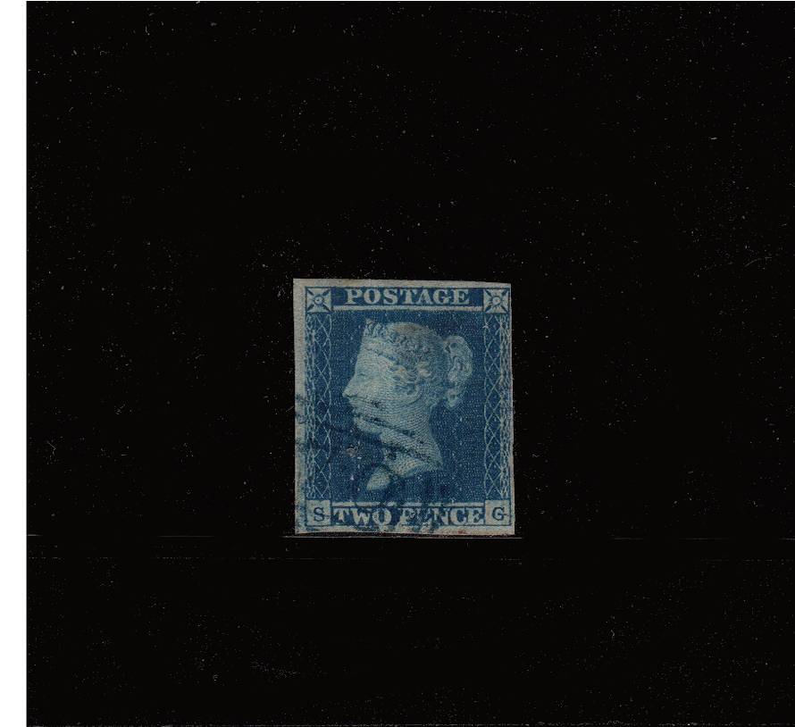 view larger image for SG 14h (1841) - 2d Blue from Plate 4 lettered ''S-G''<br/>
A pretty four margined stamp leghtly cancelled across the SW corner with an<b> BLUE 1944 TYPE CANCEL</b><br/>SG Cat £875 
<br/><b>QBQ</b>