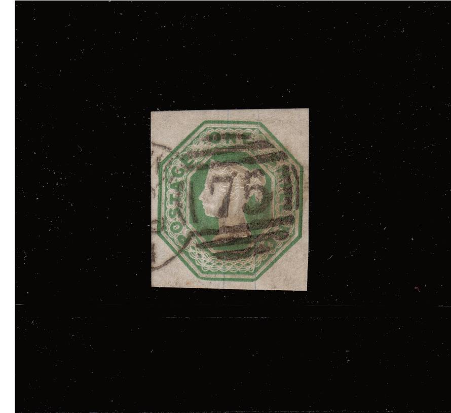 view larger image for SG 55 (1847) - Embossed - 1/- Green<br/>
A stunning four large margined stamp (which is unusual) cancelled with a ''75'' Duplex cancel for BIRMINGHAM<br/>A little gem!<br/>
SG Cat £1000
<br/><b>QBQ</b>