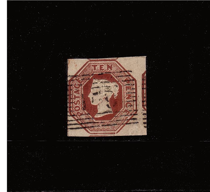view larger image for SG 57 (1848) - Embossed - 10d Brown<br/>
A four very large margined stamp showing parts of stamps at top, botton and right cancelled with a light roller Scottish cancel for GLASGOW ''159''<br/>A truly stunning stamp!<br/>SG Cat £1500
<br/><b>QBQ</b>