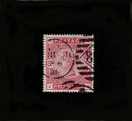 view larger image for SG 180 (1883) - 5/- Rose lettered ''J-B''<br/>
A good used stamp cancelled with a LONDON duplex dated 88
<br/>SG Cat £250
<br><b>QBQ</b>