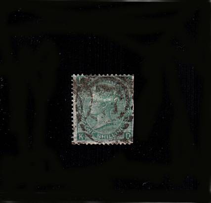 view larger image for SG 101 (1865) - 1/- Green - Watermark Emblems - Lettered ''K-D''
<br/>A good used stamp with a cut down wing margin.
<br/>SG Cat £275
<br/><b>QEQ</b>