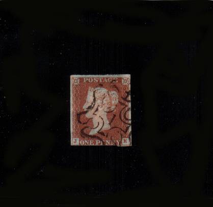 view larger image for SG 8m (1841) - 1d Red Brown lettered 'J-E'<br/>cancelled with a near upright Maltese Cross with a number '1' in centre. A good three margined stamp, close at foot but just about clear. SG Cat £180
<br/><b>QBQ</b>