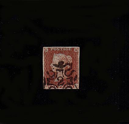 view larger image for SG 8m (1841) - 1d Red Brown lettered 'D-G'<br/>
cancelled with an upright Maltese Cross with a number '2' in centre. A good four margined stamp.<br/>SG Cat £180<br/><b>QBQ</b>