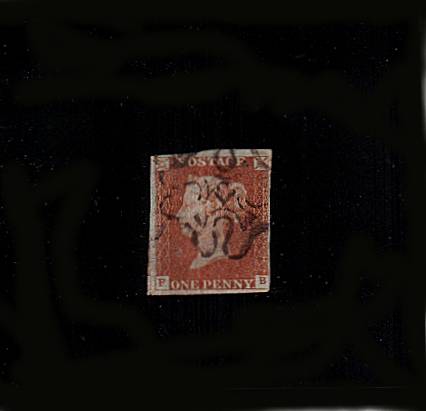 view larger image for SG 8m (1841) - 1d Red Brown lettered 'F-B'<br/>
cancelled with a Maltese Cross with a number '12' in centre. A four margined stamp but close at right.<br/>SG Cat £350<br/><b>QBQ</b>
