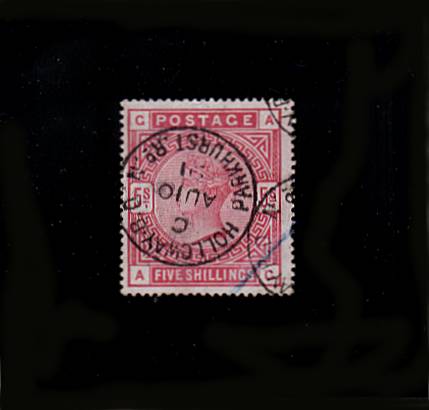 view larger image for SG 180 (1883) - 5/- Rose lettered ''A-G''<br/>
A good fine used stamp cancelled with a large HOLLOWAY B.O. - PARKHURST RD. N (London) dated AU 10 91.<br/>
SG Cat £250
<br><b>QBQ</b>