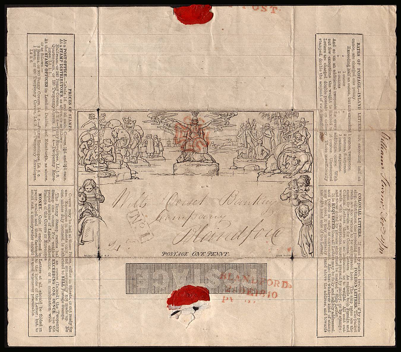 view larger front view of image for 1d Lettersheet<br/>
A locally used lettersheet from BLANDFORD used on Christmas Eve, 24th December 1840 
<br/>SG ME 1 and Catalogued at £550
<br><b>QBQ</b>
