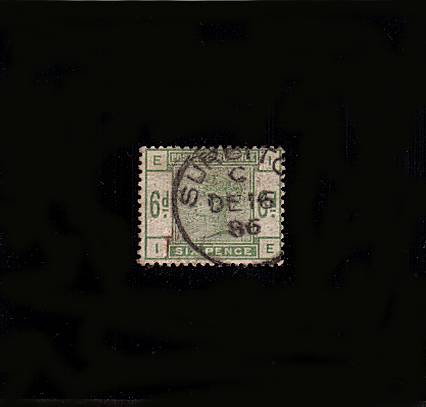 view larger image for SG 194 (1883) - 6d Dull Green lettered ''I-E''<br/>
A superb fine used single cancelled<br/>with a SURBITON upright CDS dated DE 16 86<br/>SG Cat £240+100%=£480
<br><b>QBQ</b>