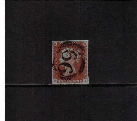 view larger image for SG 8 (1841) - 1d Red-Brown lettered ''E-I''<br/>
with four margins from Plate 57  cancelled with a LONDON 66