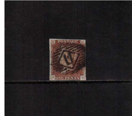 view larger image for SG 8k (1841) - 1d Red-Brown lettered ''R-B''<br/>from Plate 58  showing the variety 'P to R Converted' with four margins. SG Cat £60