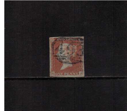 view larger image for SG 8p (1841) - 1d Red-Brown lettered ''H-F''<br/>with four good margins  cancelled with an upright '493' '1844 type' for MAIDSTONE in Blue.<br/>SG Cat £250