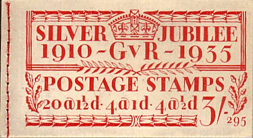 British Stamps George 5th Booklets Item: view larger image for SG  BB28 (1935) - 3/- Silver Jubilee Booklet - Edition number 295<br/>in good condition on front but with some stamps missing.<br/>
SG Cat £90
