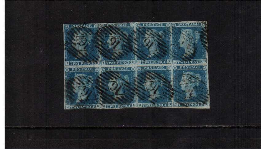 view larger image for SG 15 (1841) - 2d Blue from Plate 3<br/>A superb looking block of eight  lettered 'I-E' to 'J-H' each stamp cancelled with a LONDON '16'. The block does have a crease and a small fault neither visible from front.<br/>SG Cat for two blocks of four £1700x2=£3400