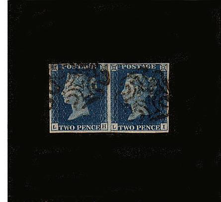view larger image for SG 5 (1840) - 2d Blue pair from Plate 2 lettered ''L-H'' to ''L-I''<br/>
A superb fine used pair cancelled with two Black Maltese Cross cancellations with four good to large margins.<br/><br/>SG Cat for two singles £2000