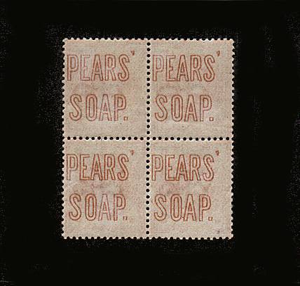 view larger image for SG 197var (1887) - ½d Vermilion<br/>
A superb unmounted mint block of four showing the <br/><b>PEARS' SOAP.</b> advert in ORANGE on all four stamps. <br/>SG Cat four mounted £2100<br/>Rare as a block of four. 
<br/><b>QJL</b>