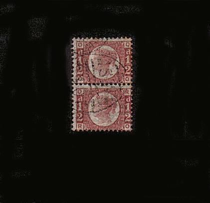 view larger image for SG 48 (1870) - ½d Rose-Red from Plate 13<br/>
A fine used vertical pair lettered ''Q-O'' to ''R-O''<br/>
A fine used pair with a lovely colour and very crisp vertical crease. 
<br/> SG Cat for two singles £60
<br/><b>QJL</b>