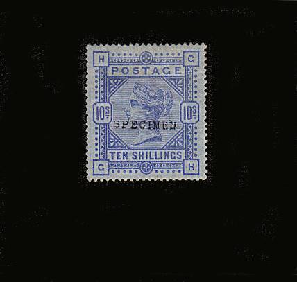 view larger image for SG 177a (1884) - 10/- Cobalt on <b>BLUED</b> Paper lettered ''G-H'' overprinted <b>''SPECIMEN''</b> Type 9.<br/>
A truly stunning bright and fresh stamp with full perforations and full original gum with a trace of a hinge mark. GEM!
<br/>SG Cat £5500<br/><b>QJL