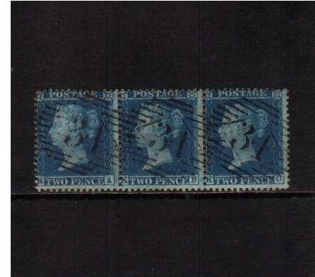 view larger image for SG 35 (1857) - 2d Blue from Plate 6 - Large Crown - Perf 14<br/>A fine strip of three lettered 'K-A to K-C' superb fine used.