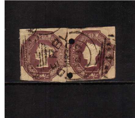 view larger image for SG 58 (1854) - Embossed - 6d Mauve<br/>A re-joined pair cancelled with a DERBY sideways duplex dated MR 30 1857. One stamp has four clear margins the other three and has, oddly, two black dots added. SG Cat £1600