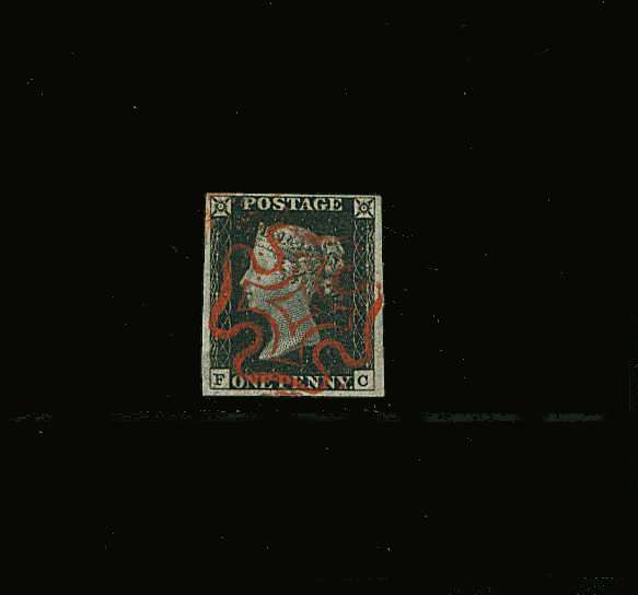 view larger image for SG 2 (1840) - 1d Black from Plate 2 lettered ''F-C''<br/>A stunning bright and fresh stamp cancelled with a complete ''socked on the nose'' bright Red Matlese Cross cancel with four good margins. <b>A GEM!!</b>
<br/><b>QQP</b>