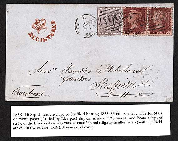 view larger front view of image for Neat, scarce ''REGISTERED CROWN'' complete envelope LIVERPOOL to SHEFFIELD bearing 6d Pale Lilac and two 1d Red ''Stars'' with SHEFFIELD arrival on back dated SP 16 1858. Lovely!<br/><b>QQZ</b>