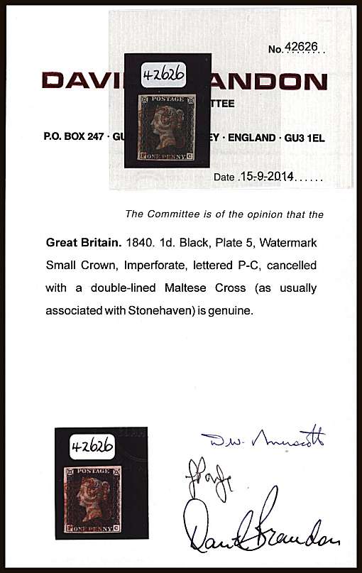 view larger image for SG 2 (1840) - 1d Black from Plate 5 lettered ''P-C''. A fine four large margined stamp cancelled with a crisp <b>Double Lined</b> Maltese Cross usually STONEHAVEN with the benefit of a BRANDON certificate.<br/>Spec Cat A1uf Cat £4500 
<br/><b>QQZ</b>