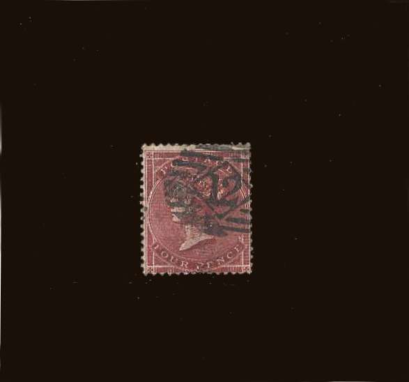 view larger image for SG 62b (1855) - 4d Carmine - White Paper - Small Garter watermark
<br/>A fine bright example of this very rare stamp with perfect perforations and cancelled with a London ''12'' for BOW. <br/>SG Cat £1200

<br/><b>QQB</b>