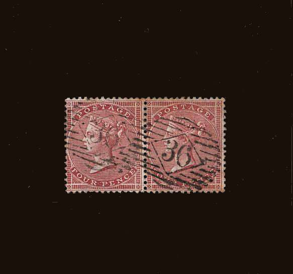 view larger image for SG 66 (1857) - 4d Rose-Carmine watermark LARGE GARTER.<br/>
A superb very fine used pair cancelled with two light, crisp strikes of a London ''36'' for HAMPTON.<br/>
SG Cat £150 x2 = £300<br/><b>QQB</b>