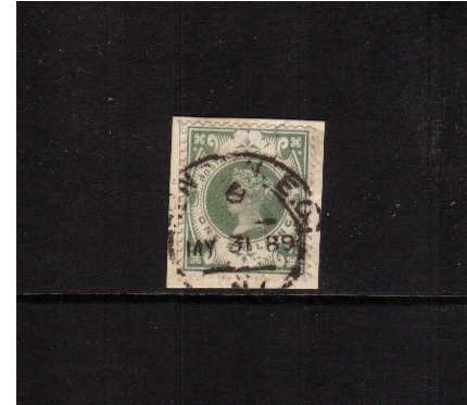 view larger image for SG 211 (1887) - 1/- Green tied to a small piece with a London 'hooded circle' dated MY 31 89. SG Cat £60