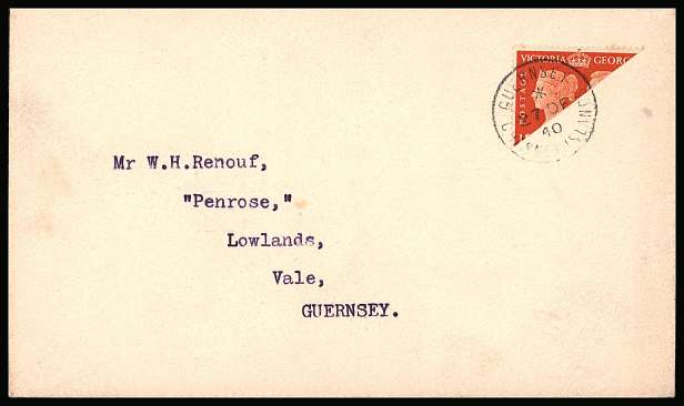 view larger front view of image for The 2d Orange - Centenary of First Postage Stamp bisect single on a small and neatly typed addressed envelope crisply cancelled with a steel CDS for GUERNSEY dated 27 DE 40. Superb! 
<br/><b>KKL</b>