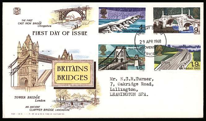 view larger back view image for British Bridges set of four on a typed addressed STUART colour FDC cancelled with the FDI cancel for COVENTRY - WARWICKSHIRE dated 29 APR 1968