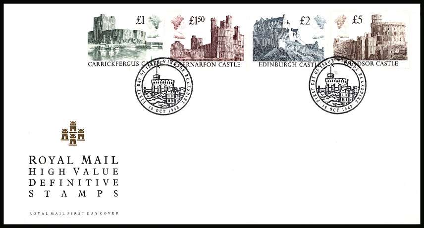 view larger back view image for Castles ''WHITE HEAD'' High Values set of four on an unaddressed official Royal Mail FDC cancelled with the double ring FDI for WINDSOR BERKS cancel dated 18 OCT 1988. <br/><b>KKL</b>