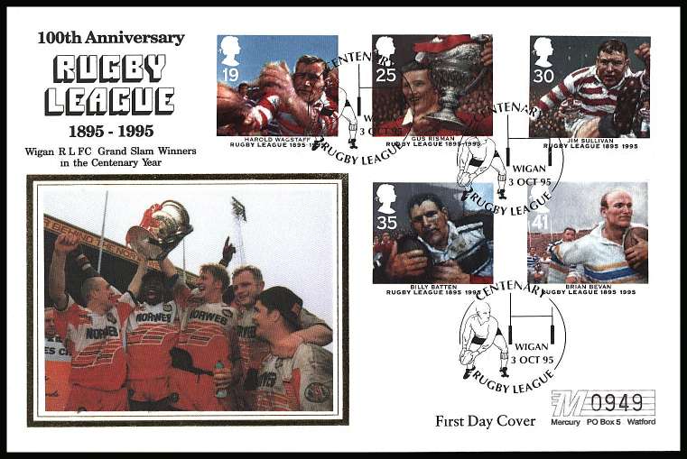 view larger back view image for Centenary of Rugby League set of five on a luxury ''SILK'' first day cover by MERCURY cancelled with three strikes of the CENTENARY RUGBY LEAGUE - WIGAN
handstamp dated 3 OCT 95
<br/><b>KKL</b>