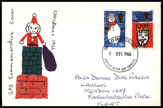 view larger back view image for Christmas set of two on official GPO illustrated hand addressed FDC cancelled with a large FDI  handstamp for BROMLEY AND BECKENHAM dated 1 DEC 1966