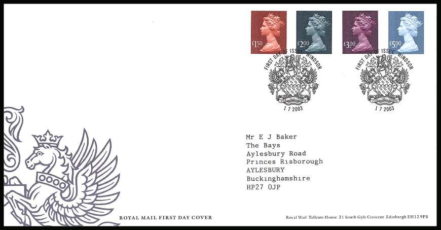 view larger back view image for ''Shiny Inks'' set of four on a typed addressed Official FDC cancelled with the official alternative FDI cancel for WINDSOR dated 1-7-2003. 
<br/><b>KKP</b>
