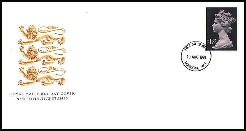 view larger back view image for £1.30 Pale Drab and Greenish Blue Machin High Value single on an unaddressed Royal Mail official FDC cancelled with a LONDON W.1 FDI cancel dated 3 AUG 1983
