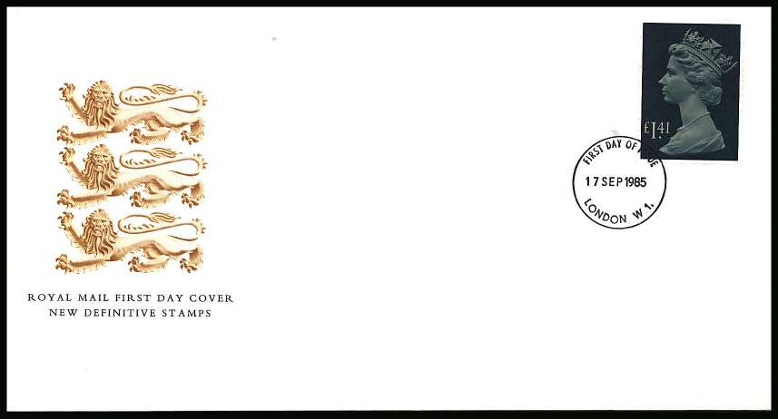 view larger back view image for £1.41 Pale Drab and Deep Greenish Blue Machin High Value single on an UNADDRESSED Royal Mail official FDC cancelled with a LONDON W1. handstamp dated 17 SEPT 1985