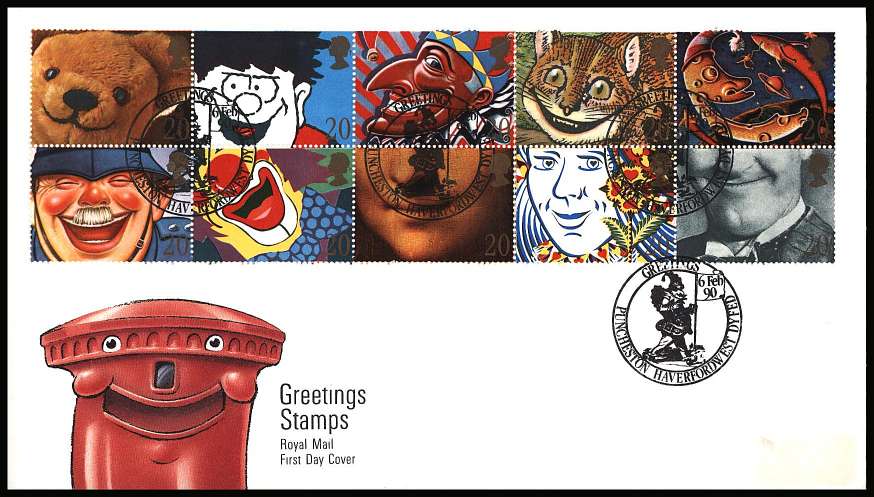view larger back view image for Greetings Stamps ''Smiles'' pane of ten on an unaddressed (label removed) Royal Mail FDC cancelled with four strikes of the PUNCHESTON - HAVERFORDWEST - DYFED special handstamp dated 6 FEB 90
<br/><b>KKL</b>