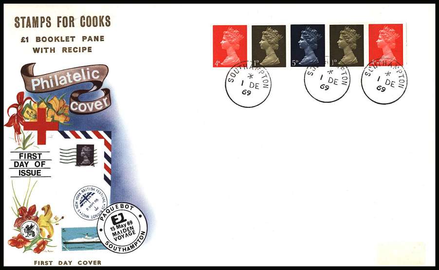 view larger back view image for ''STAMPS FOR COOKS'' se-tenant strip of five from the se-tenant booklet pane on an unaddressed (label removed) colour FDC cancelled with three strikes of the SOUTHAMPTON steel CDS dated 1 DE 69 
<br/><b>KKL</b>