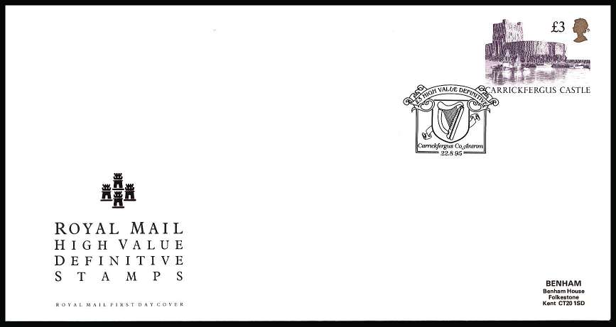 view larger back view image for £3 Reddish Violet and Gold 'Castle' on a tiny label addressed official Royal Mail FDC cancelled with a CARRICKFERGUS - Co. ANTRIM special handstamp  dated 22.8.95
<br/><b>KKP</b>