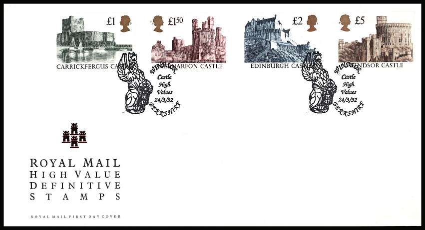 view larger back view image for Castles ''GOLD HEAD'' High Values set of four on an unaddressed official Royal Mail FDC cancelled with the special FDI cancel for CASTLE HIGH VALUES - WINDSOR - BERKSHIRE dated 24/3/92.
<br/><b>KKP</b>