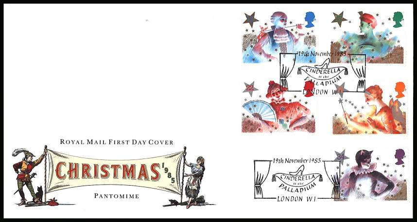 view larger back view image for Christmas - Pantomime Characters set of five on an unaddressed official Royal Mail FDC cancelled with two strikes CINDERELLA AT THE PALLADIUM - LONDON W.1. handstamp dated 19th NOVMBER 1985
<br/><b>KKL</b>