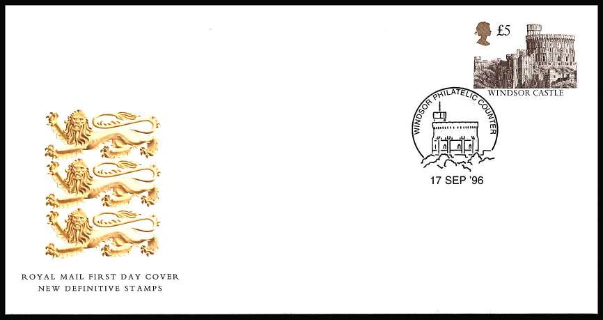 view larger back view image for £5 Deep Brown and Gold ''Gold Head'' Castle<br/>
Gum change to PVA on an unaddressed official Royal Mail FDC cancelled with a WINDSOR PHILATELIC COUNTER handstamp dated 17 SEP '96 
<br/><b>KKP</b>