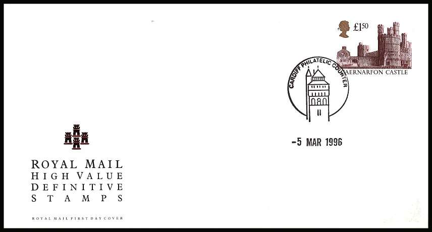 view larger back view image for £1.50 Maroon & Gold  ''Gold Head'' Castle<br/>
Gum change to PVA on an unaddressed official Royal Mail FDC cancelled with a CARDIFF PHILATELIC COUNTER handstamp (for CAERNARFON CASTLE) dated 5 MAR 1996. 
<br/><b>KKP</b>