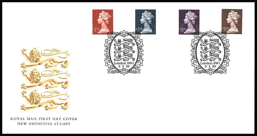 view larger back view image for The Engraved ''High Values'' by Slania set of four on an unaddressed official Royal Mail FDC cancelled with the two strikes of the special handstamp for LONDON dated 9.3.99
<br/><b>KKP</b>