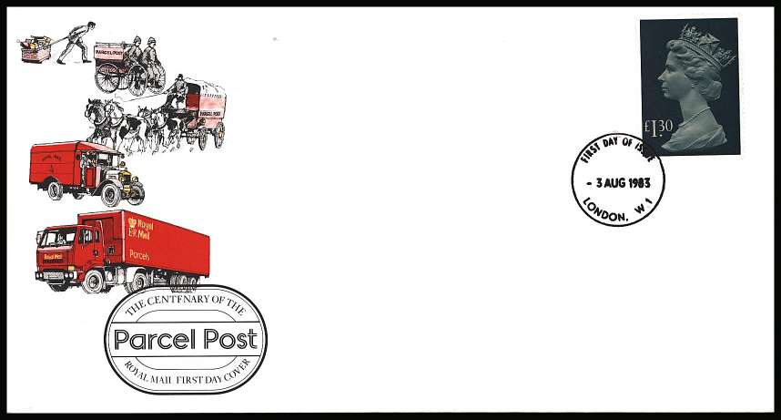 view larger back view image for £1.30 Pale Drab and Greenish Blue Machin High Value single on an unaddressed Royal Mail official FDC cancelled with a LONDON W.1 FDI cancel dated 3 AUG 1983
<br/><b>KKP</b>