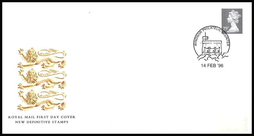 view larger back view image for MACHIN - 29p Grey - Enchede Printing - 2mm Band<br/>on an unaddressed official Royal Mail FDC cancelled with a WINDSOR PHILATELIC COUNTER handstamp dated 14 FEB '96
<br/><b>KKP</b>