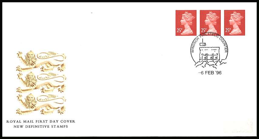 view larger back view image for MACHIN - 25p Rose-Red - 2 Bands<br/>
Coil strip of three on an unaddressed offical Royal Mail cancelled with the WINDSOR PHILATELIC COUNTER handstamp dated 6 FEB '96 
<br/><b>KKP</b>