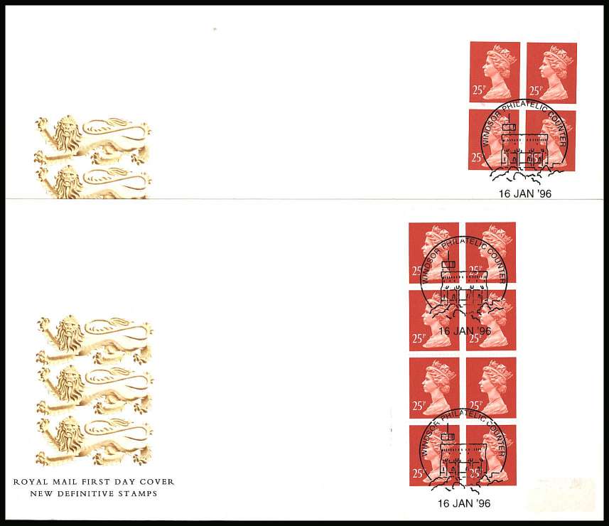 view larger back view image for MACHIN - £1 and £2 Vending Bookets<br/>Set of two unaddressed FDCs each cancelled with WINDSOR PHILATELIC COUNTER handstamps dated 16 JAN '96 
<br/><b>KKP</b>