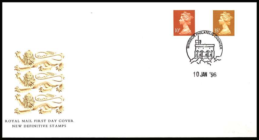 view larger back view image for MACHIN 10p and 35p Enschede Printings<br/>
on an unaddressed official Royal Mail FDC cancelled with a WINDSOR PHILATELIC COUNTED handstamp dated 10 JAN '96
<br/><b>KKP</b>